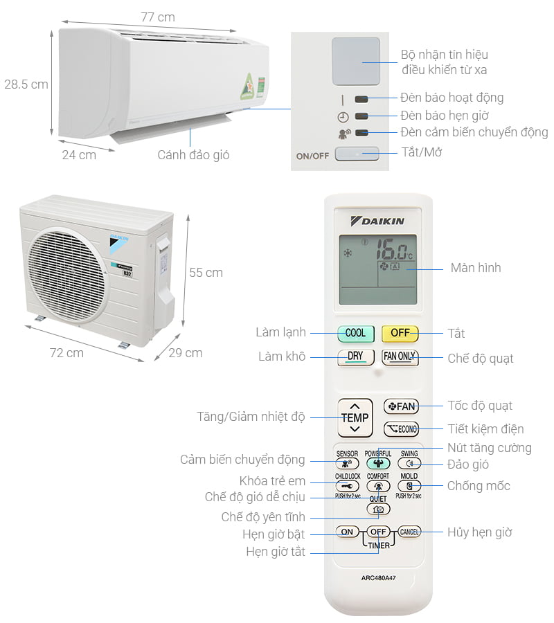 Thông số kỹ thuật Điều hòa Daikin Inverter 8500 BTU ATKC25UAVMV