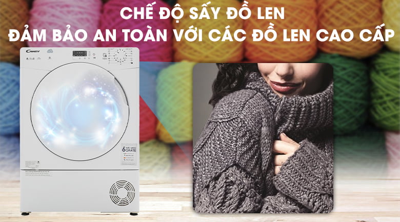 Tiện dụng với chế độ sấy riêng biệt dành cho đồ len cao cấp - Máy sấy Candy CS C8LF-S 