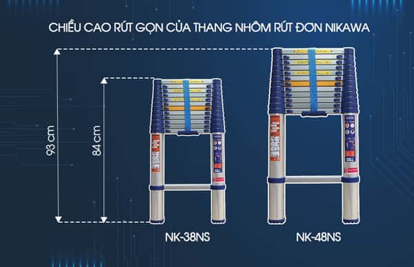 Chiều cao rút gọn của thang nhôm rút đơn Nikawa NK-48NS Chiều cao rút gọn của thang nhôm rút đơn Nikawa NK-48NS
