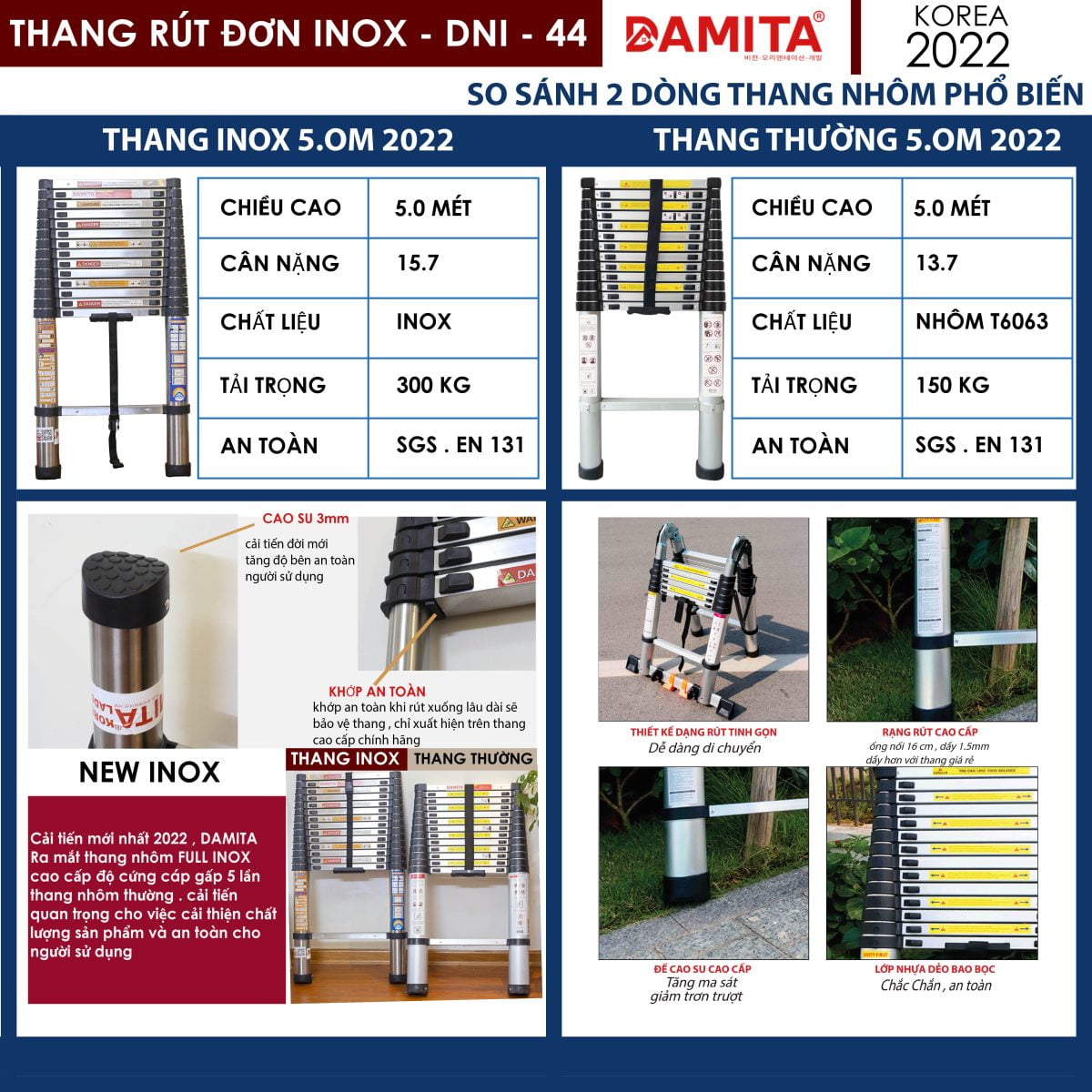 Thang Nhôm Rút Đơn INOX 5m0 DAMITA DSI-50 - Công ty DAMITA hàn quốc